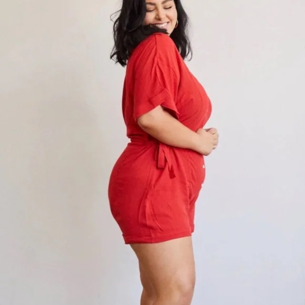 For Days Utility Romper Size XL Cherry Red Short Sleeve Rolled Cuff Button Front